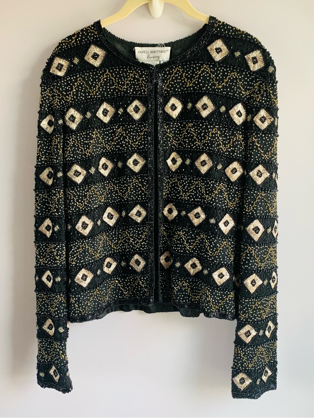 Papell Boutique 100% Silk Vintage Beaded Evening Jacket Black Silver Gold Luxe S